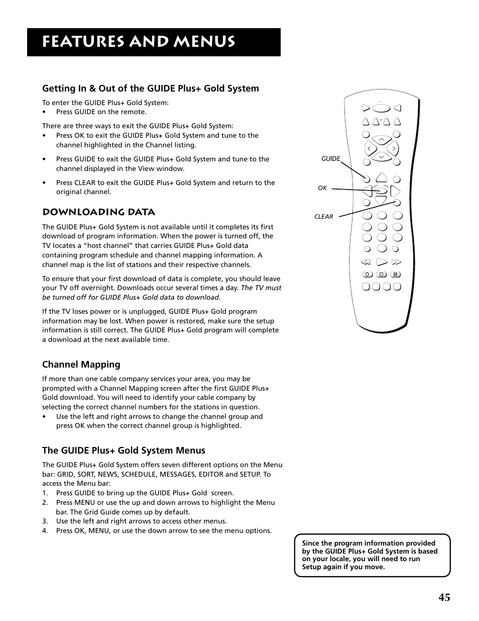 Features and menus, Getting in & out of the guide plus+ gold system, Downloading data | Channel mapping, The guide plus+ gold system menus, Guide | RCA F36715 User Manual | Page 47 / 64
