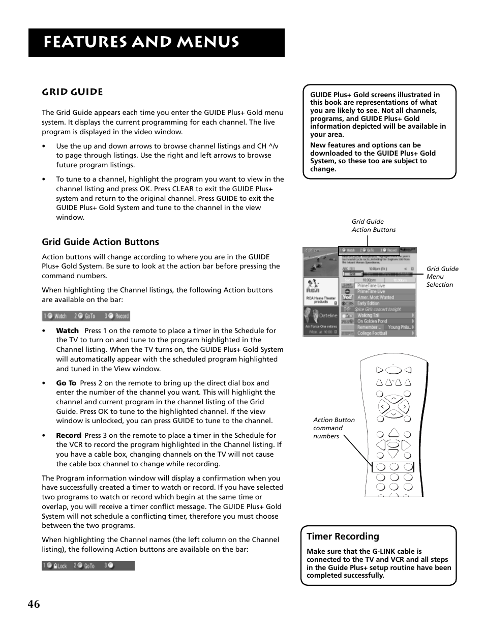 Features and menus, Grid guide, Grid guide action buttons | Timer recording | RCA F36715 User Manual | Page 48 / 64