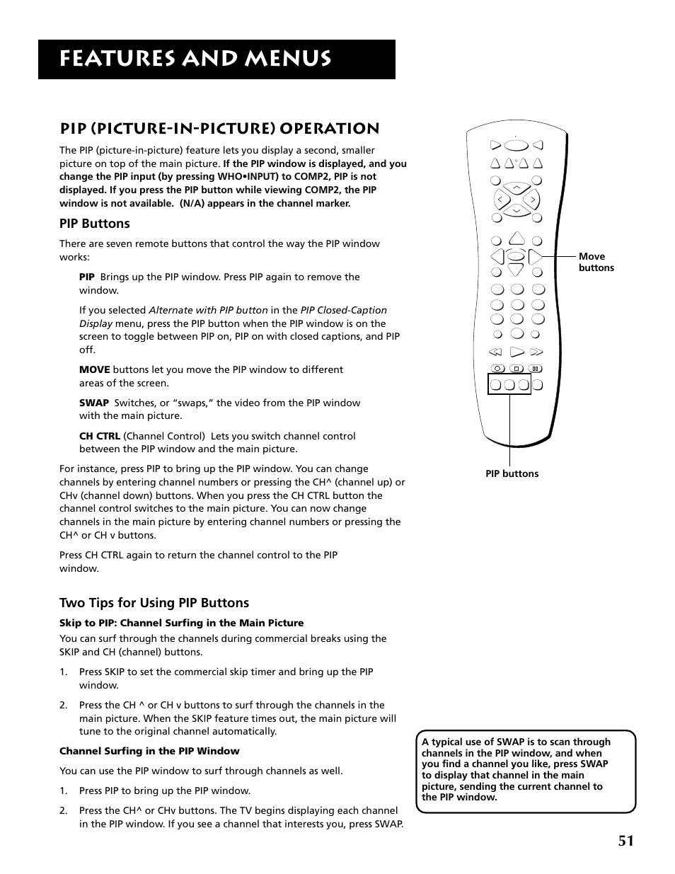Features and menus, Pip (picture-in-picture) operation, Two tips for using pip buttons | Pip buttons | RCA F36715 User Manual | Page 53 / 64