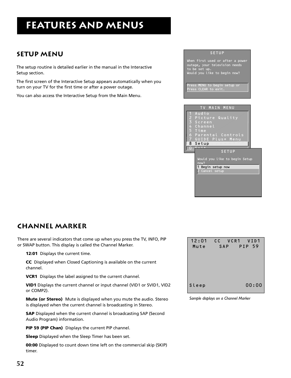 Features and menus, Channel marker, Setup menu | RCA F36715 User Manual | Page 54 / 64