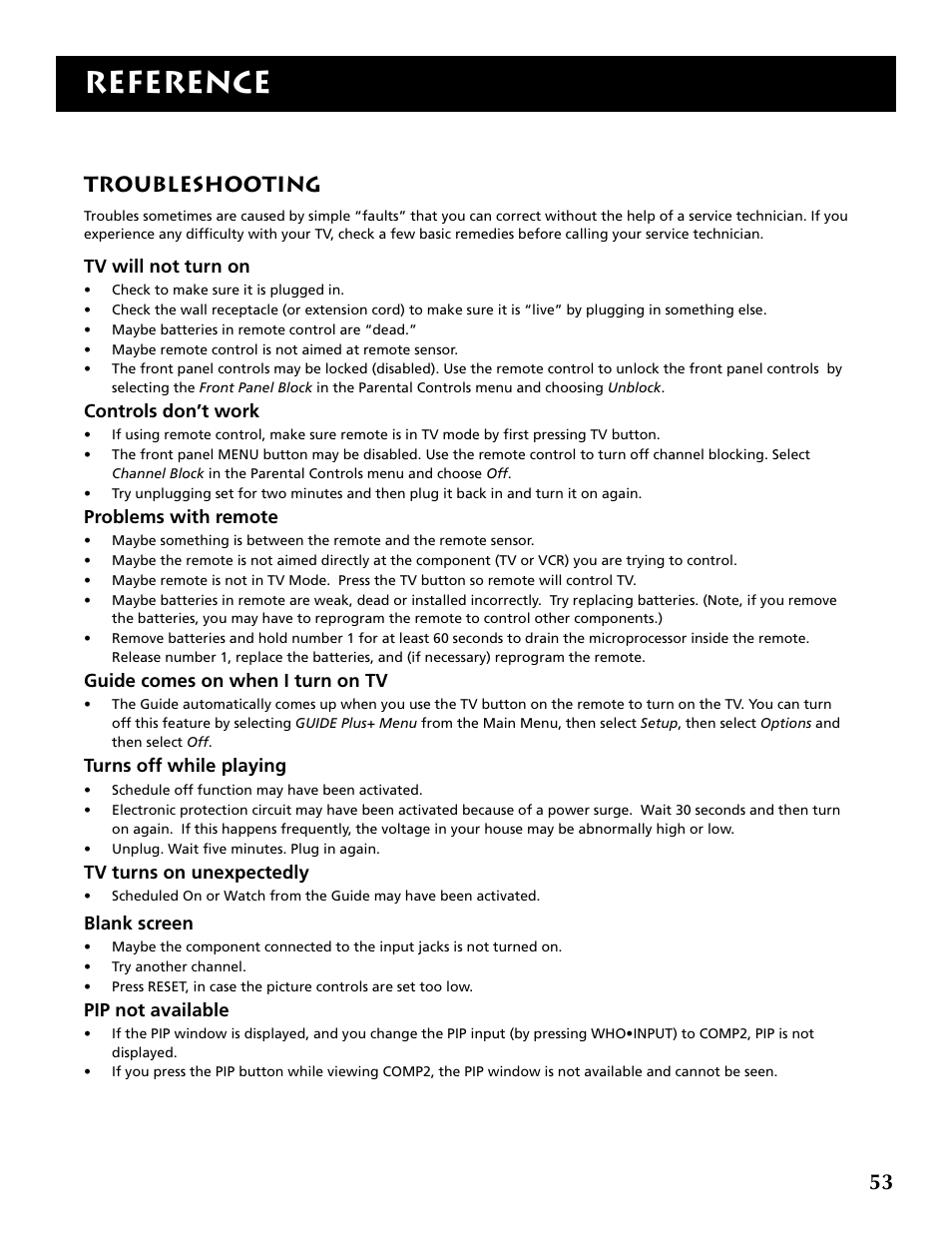 Reference, Troubleshooting | RCA F36715 User Manual | Page 55 / 64