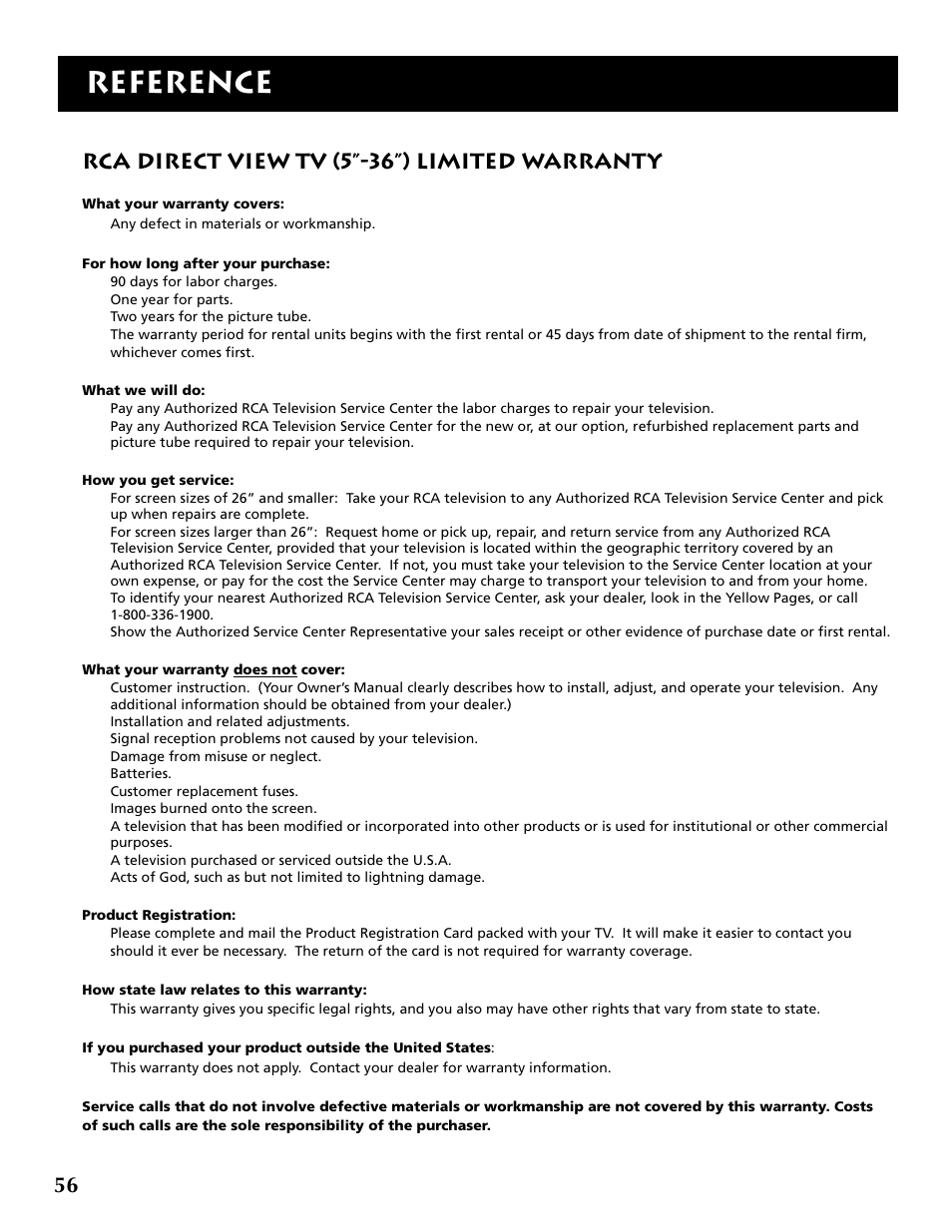 Reference, Rca direct view tv (5”-36”) limited warranty | RCA F36715 User Manual | Page 58 / 64