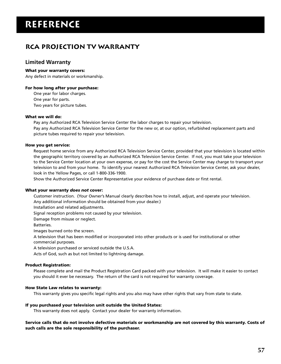 Reference, Rca projection tv warranty | RCA F36715 User Manual | Page 59 / 64