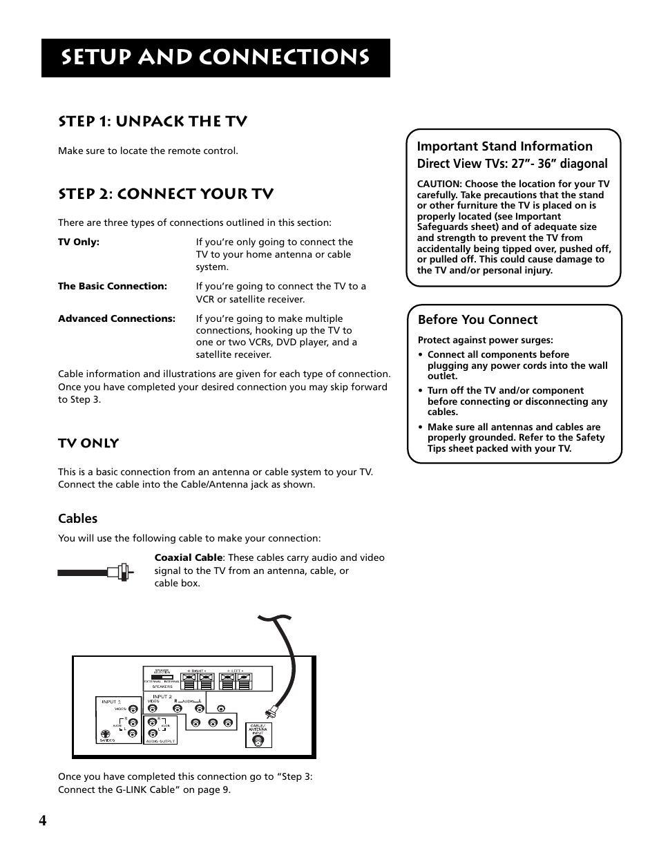 Setup and connections, Step 1: unpack the tv, Step 2: connect your tv | Tv only, Cables, Before you connect | RCA F36715 User Manual | Page 6 / 64
