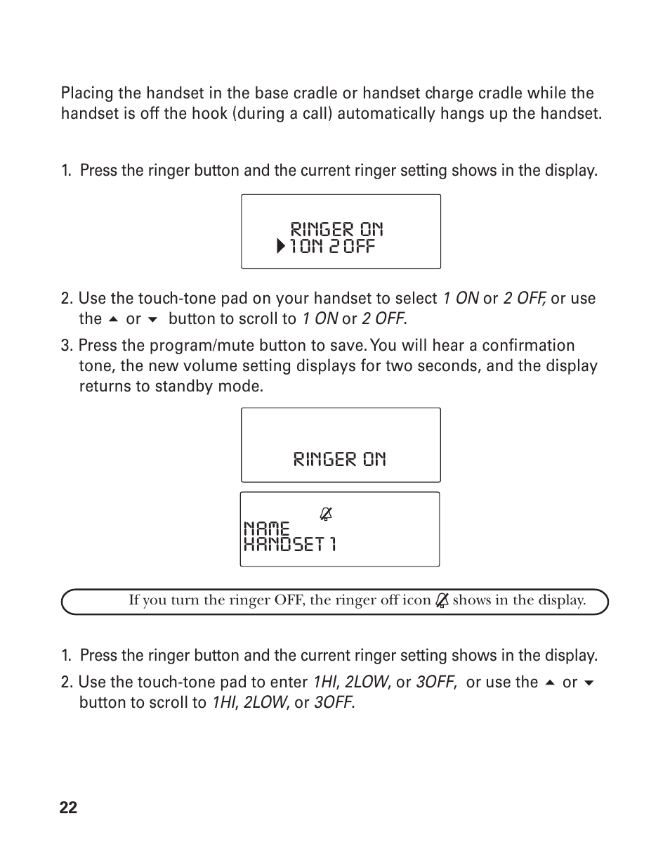 Ringer on 1 on 2 off ringer on name handset 1 | RCA 21015 User Manual | Page 22 / 108