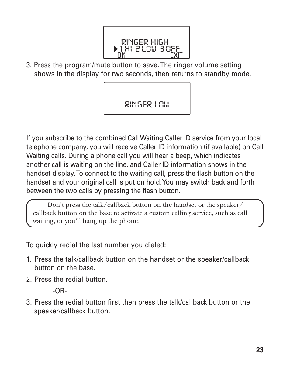 1 hi 2 low 3 off, Ringer high ringer low | RCA 21015 User Manual | Page 23 / 108