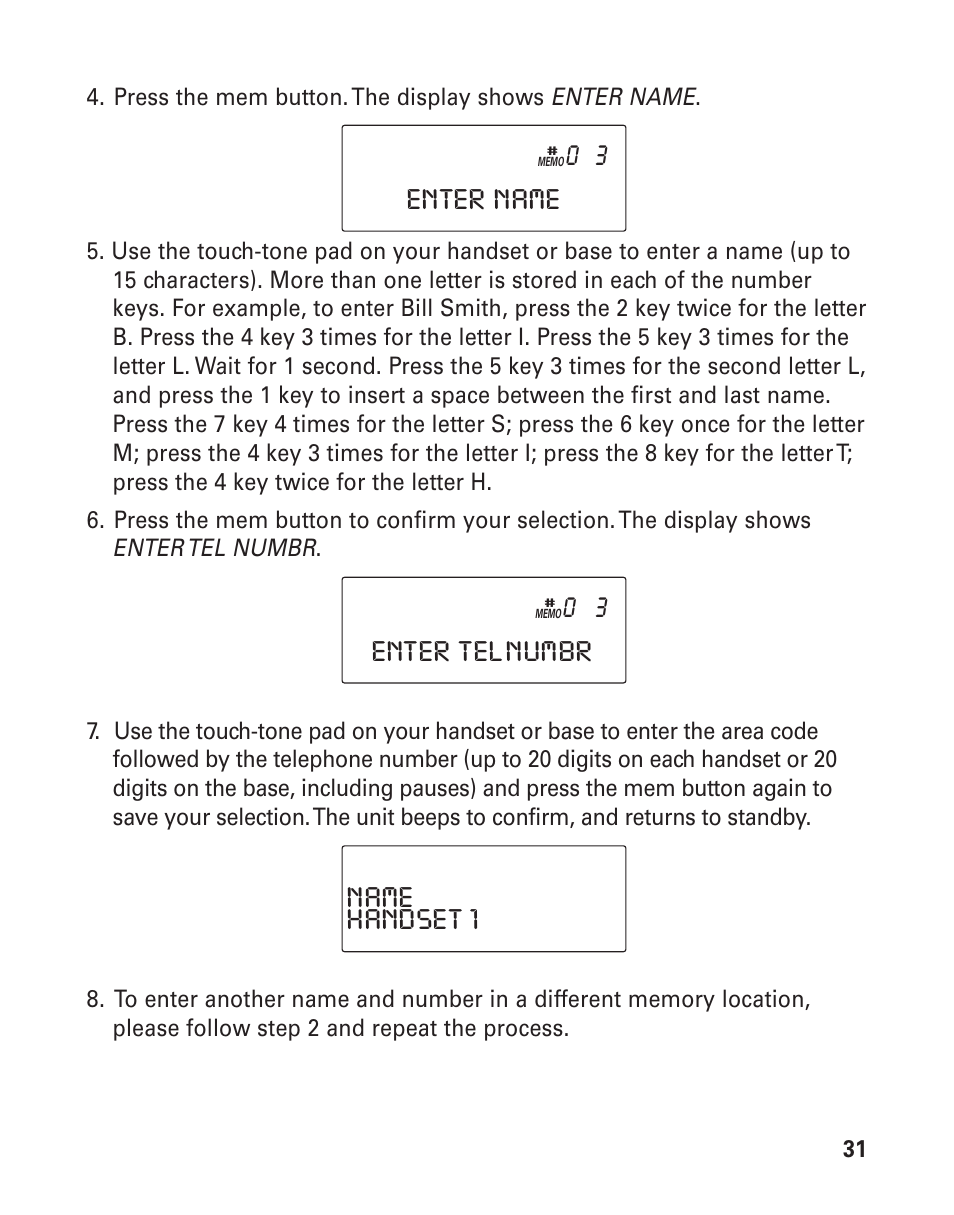 Enter name, Enter tel numbr, Handset 1 name | RCA 21015 User Manual | Page 31 / 108