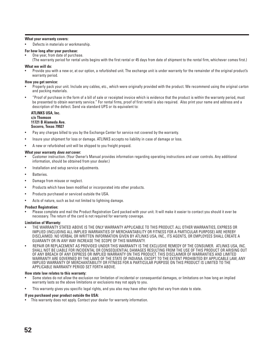 Imited, Arranty | RCA 21015 User Manual | Page 52 / 108