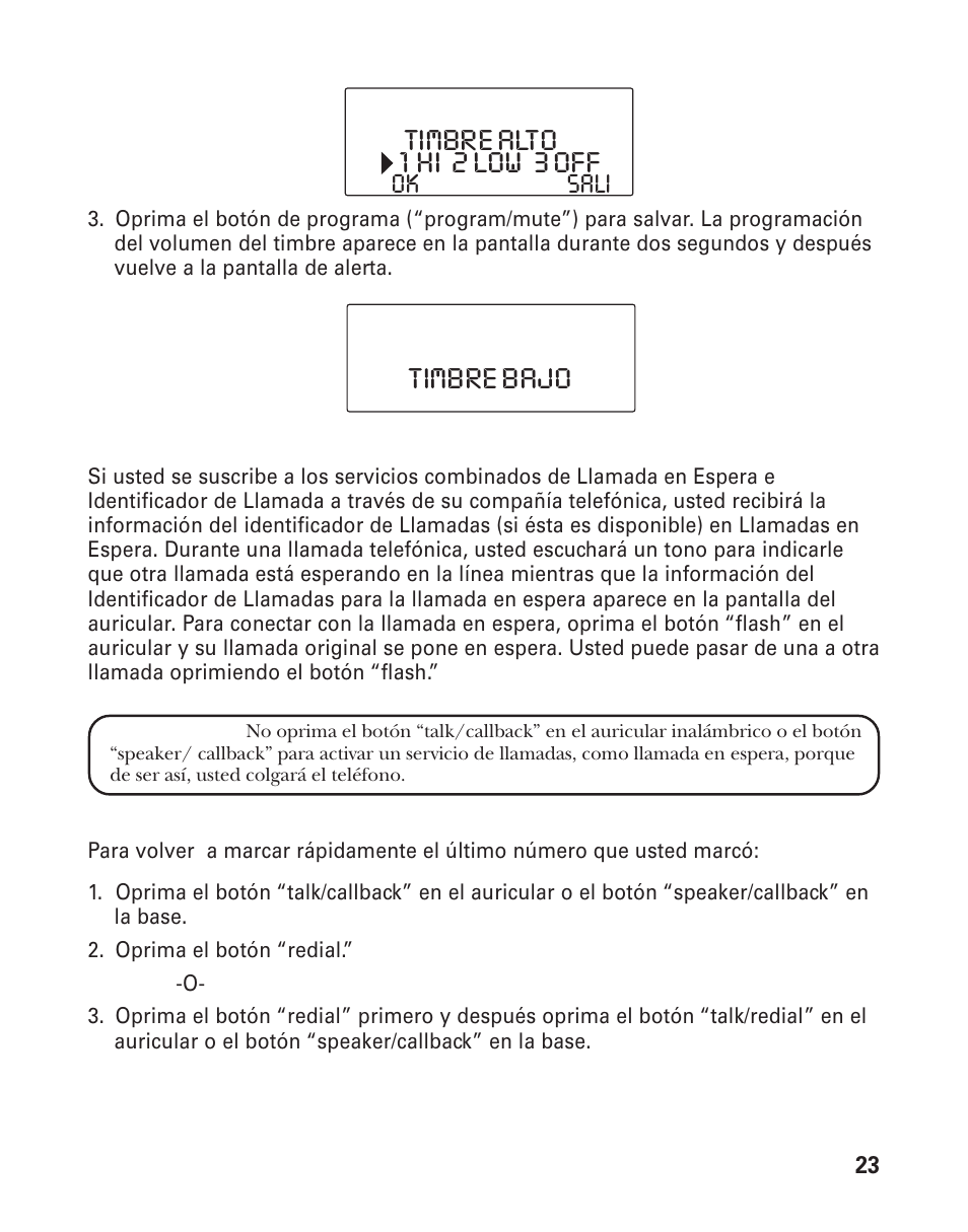 1 hi 2 low 3 off, Timbre alto timbre bajo, Sali ok | RCA 21015 User Manual | Page 77 / 108