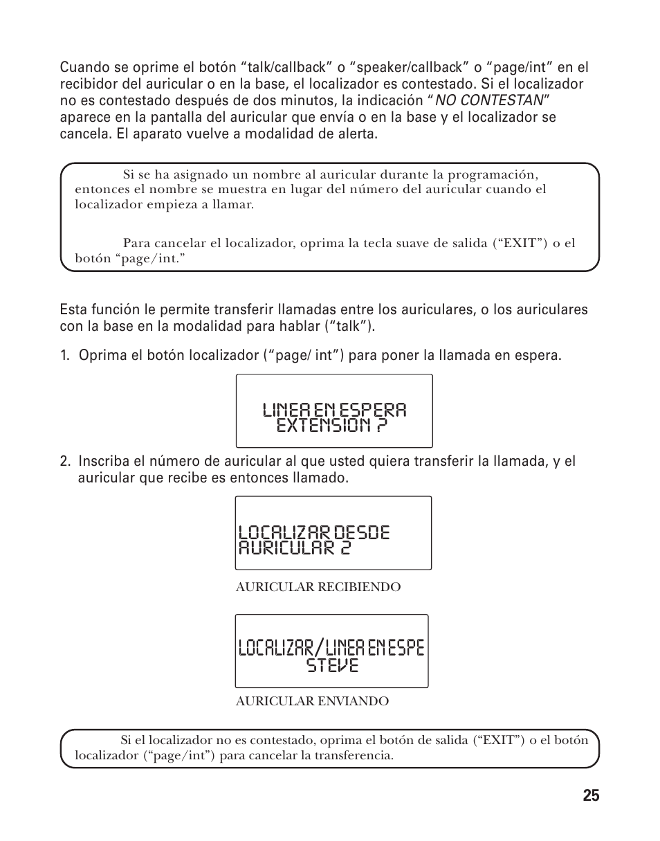 Localizar/linea en espe, Auricular 2 localizar desde steve, Extension ? linea en espera | RCA 21015 User Manual | Page 79 / 108