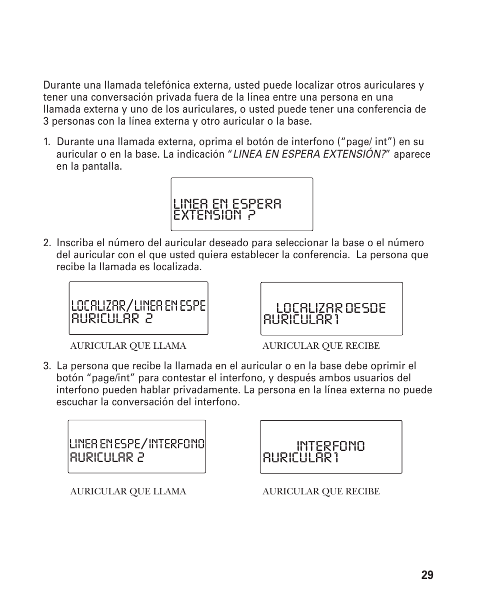 Localizar/linea en espe, Extension ? linea en espera auricular 2, Auricular 1 localizar desde | Auricular 1 interfono, Auricular 2 linea en espe/interfono | RCA 21015 User Manual | Page 83 / 108