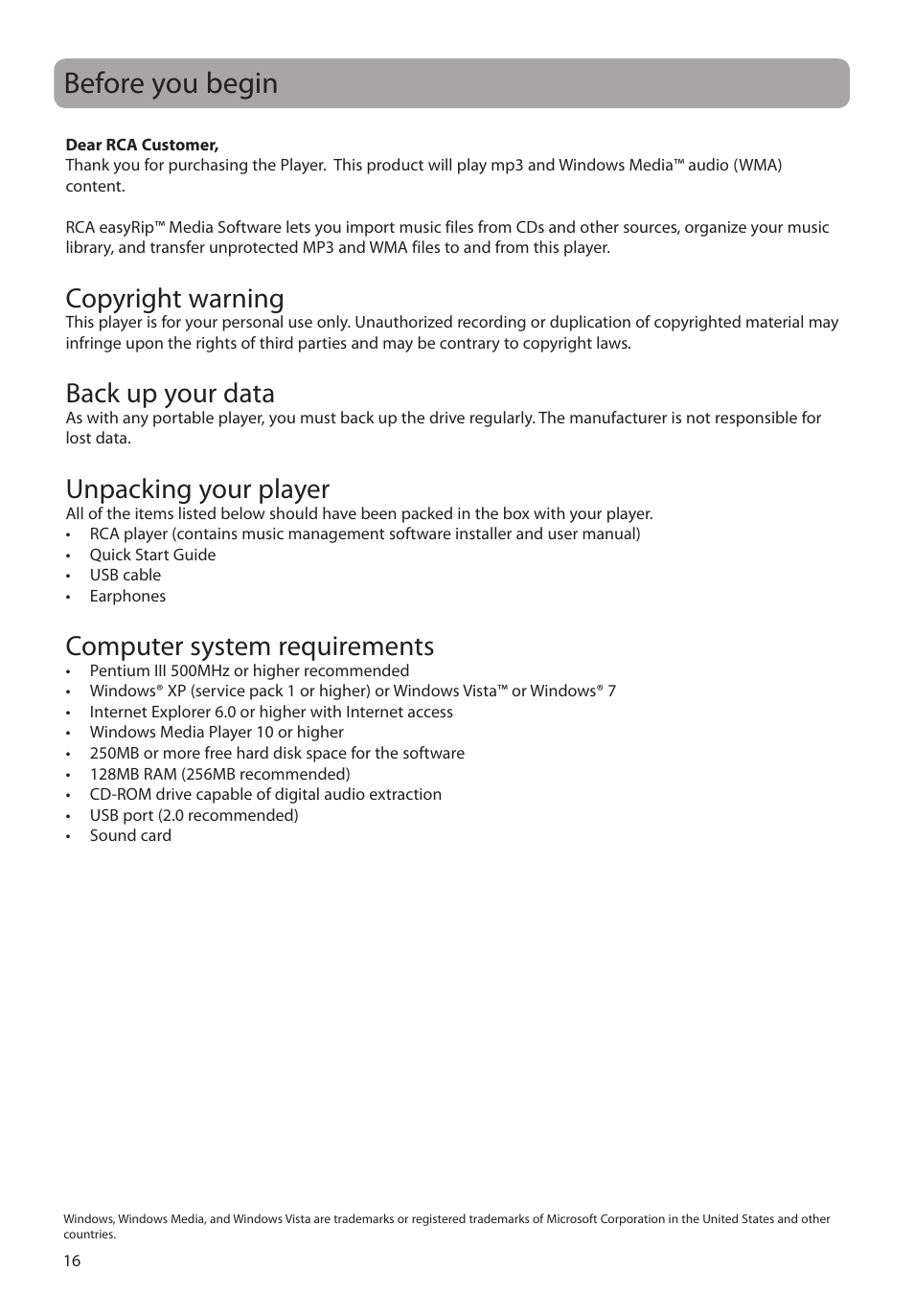 Before you begin, Copyright warning, Back up your data | Unpacking your player, Computer system requirements | RCA M72 User Manual | Page 17 / 39