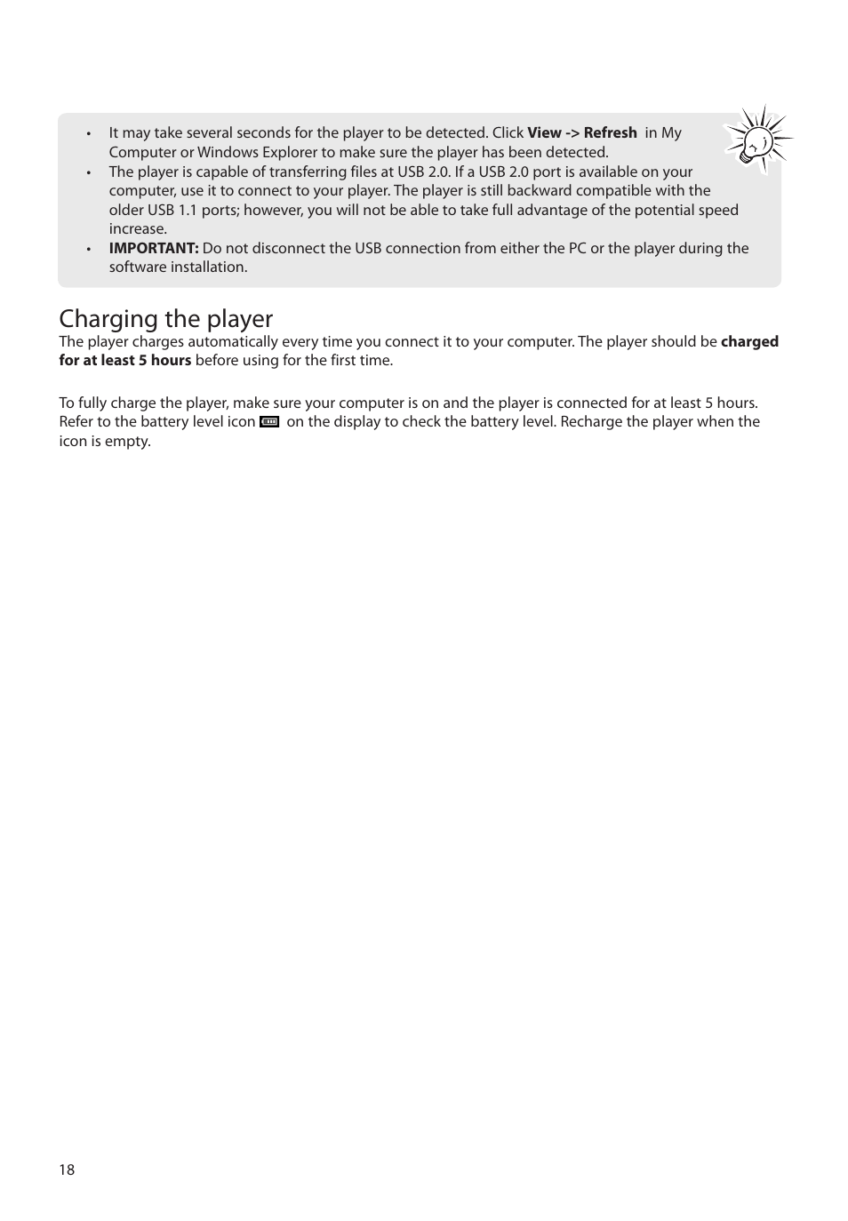 Charging the player | RCA M72 User Manual | Page 19 / 39