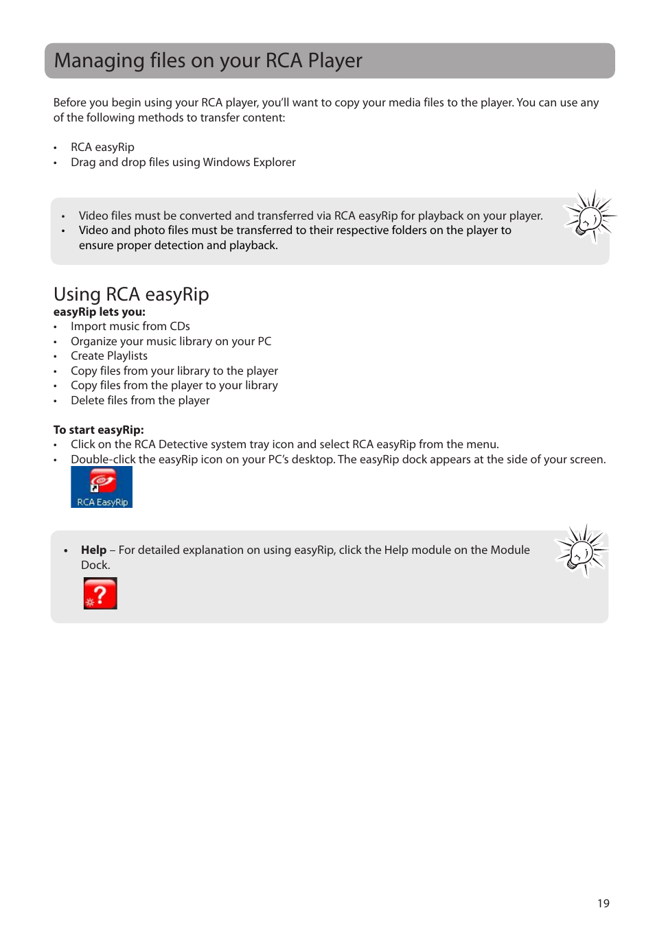 Managing files on your rca player, Using rca easyrip | RCA M72 User Manual | Page 20 / 39