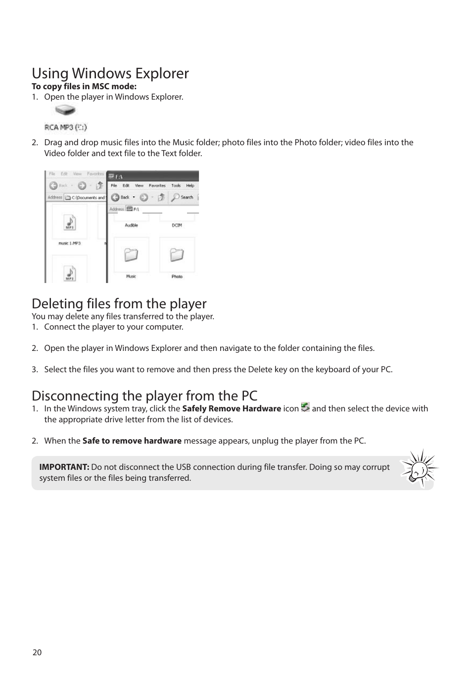 Deleting files from the player, Disconnecting the player from the pc, Using windows explorer | RCA M72 User Manual | Page 21 / 39