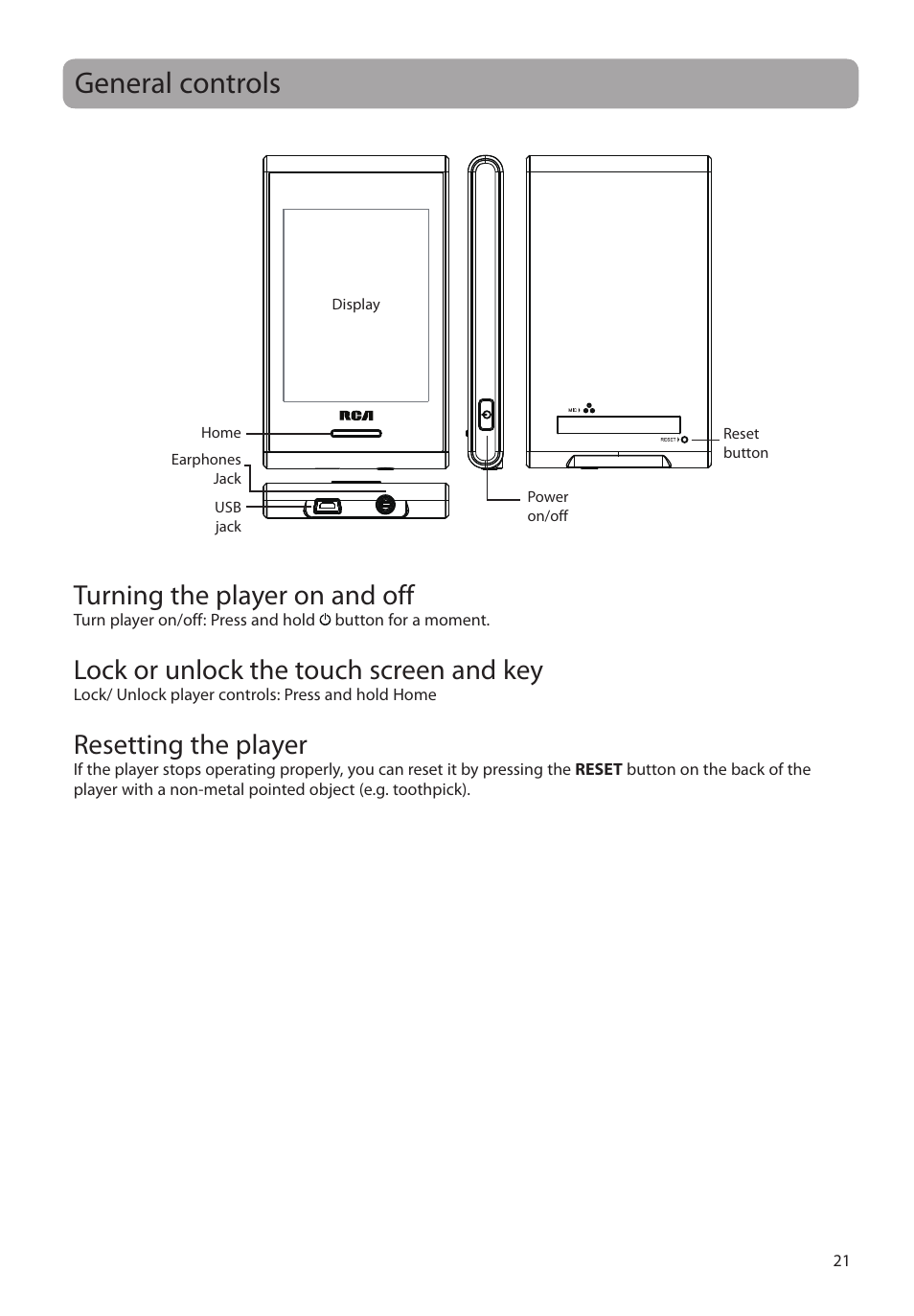 General controls, Turning the player on and off, Lock or unlock the touch screen and key | Resetting the player | RCA M72 User Manual | Page 22 / 39