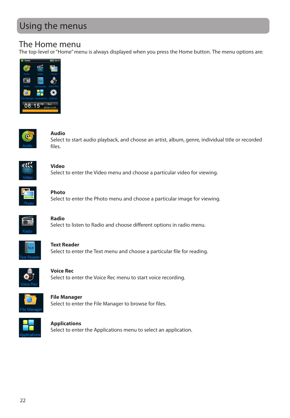 Using the menus, The home menu | RCA M72 User Manual | Page 23 / 39