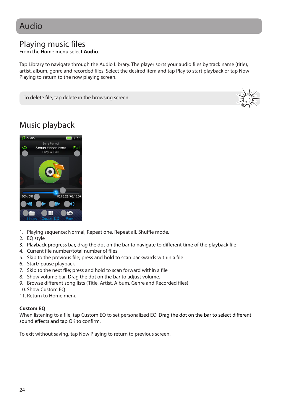 Audio, Playing music files, Music playback | RCA M72 User Manual | Page 25 / 39