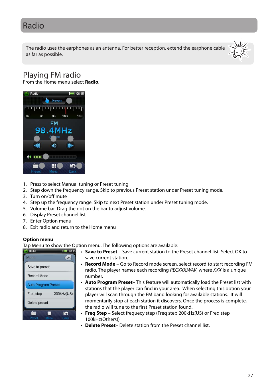 Radio, Playing fm radio | RCA M72 User Manual | Page 28 / 39