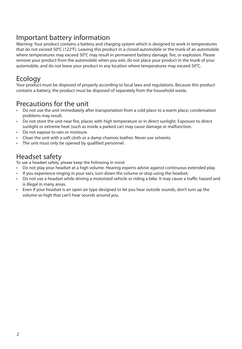 Important battery information, Ecology, Precautions for the unit | Headset safety | RCA M72 User Manual | Page 3 / 39