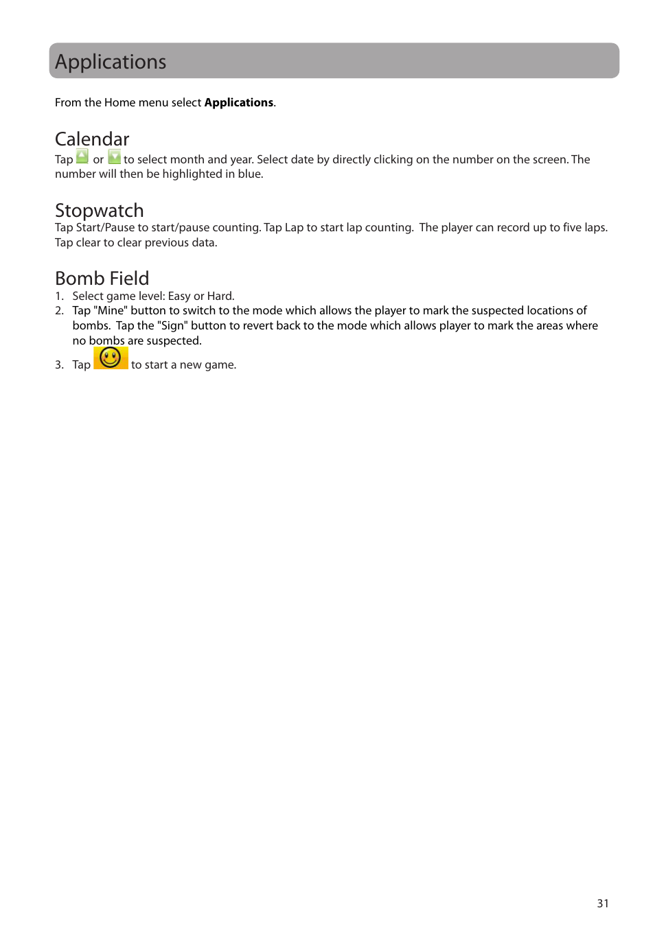 Applications, Calendar, Stopwatch | Bomb field | RCA M72 User Manual | Page 32 / 39