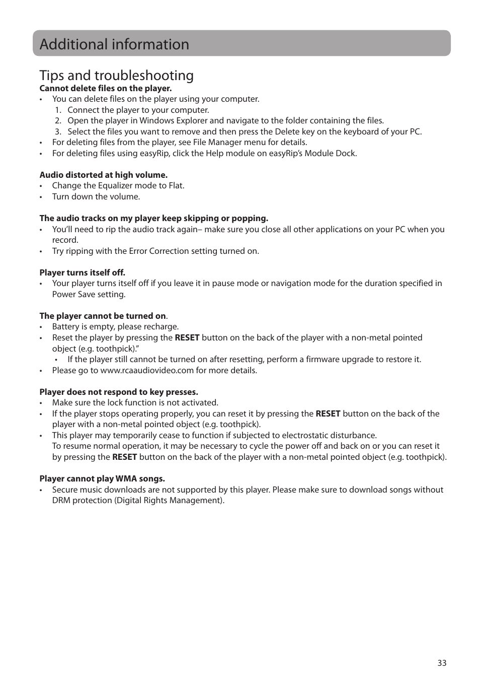 Additional information, Tips and troubleshooting | RCA M72 User Manual | Page 34 / 39