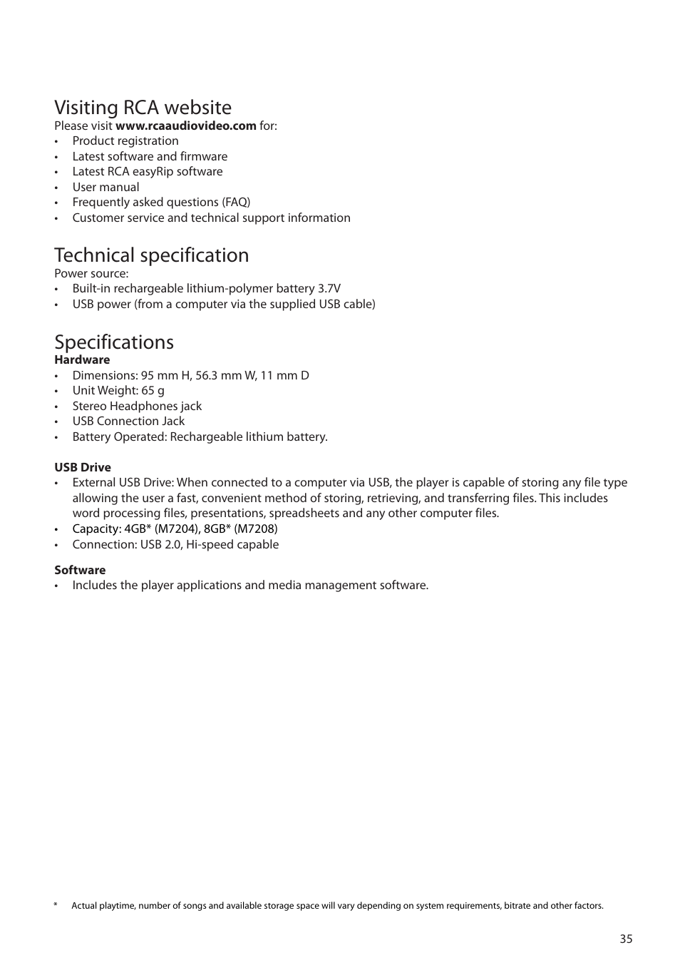 Visiting rca website, Technical specification, Specifications | RCA M72 User Manual | Page 36 / 39