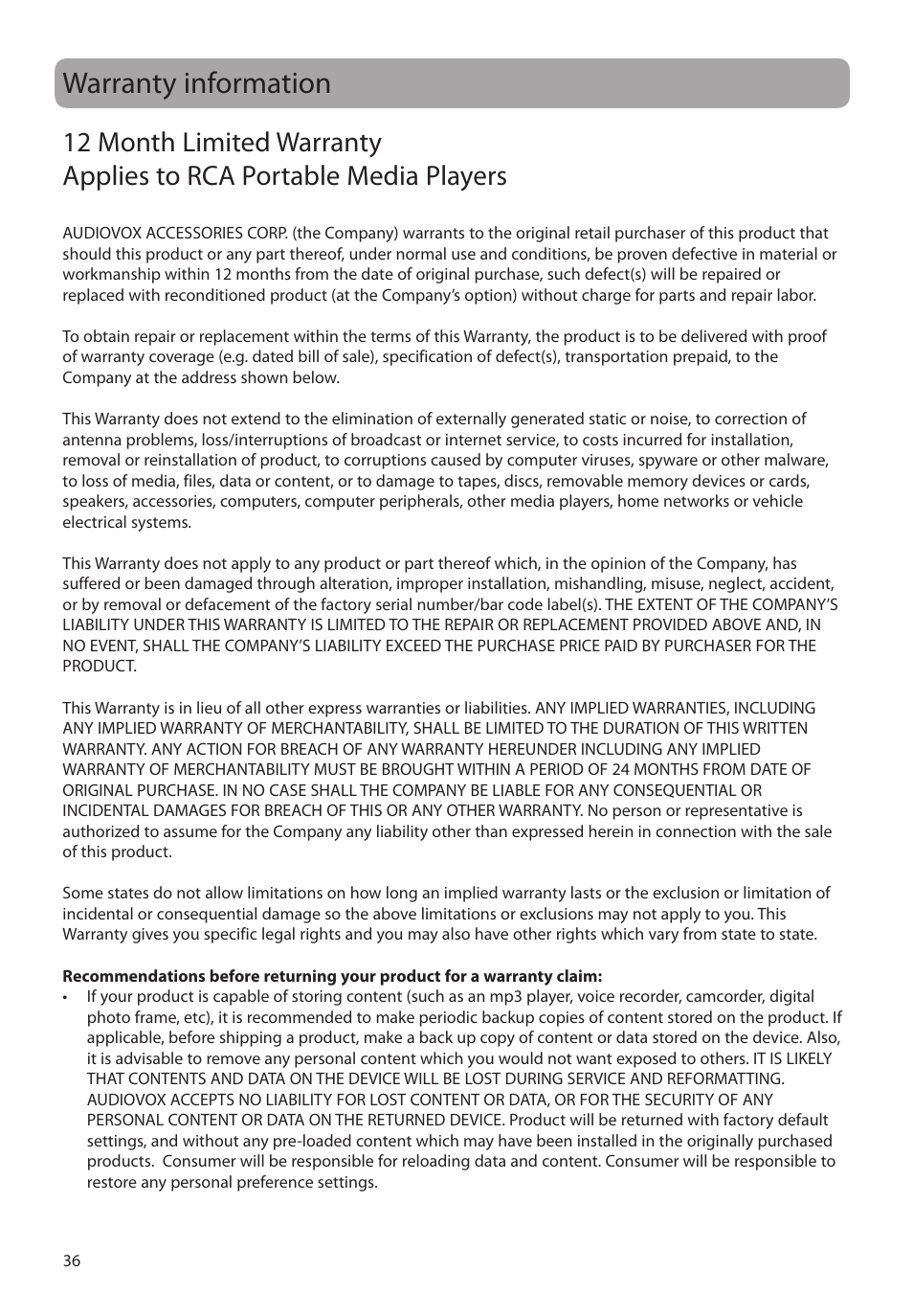 Warranty information, 12 month limited warranty | RCA M72 User Manual | Page 37 / 39