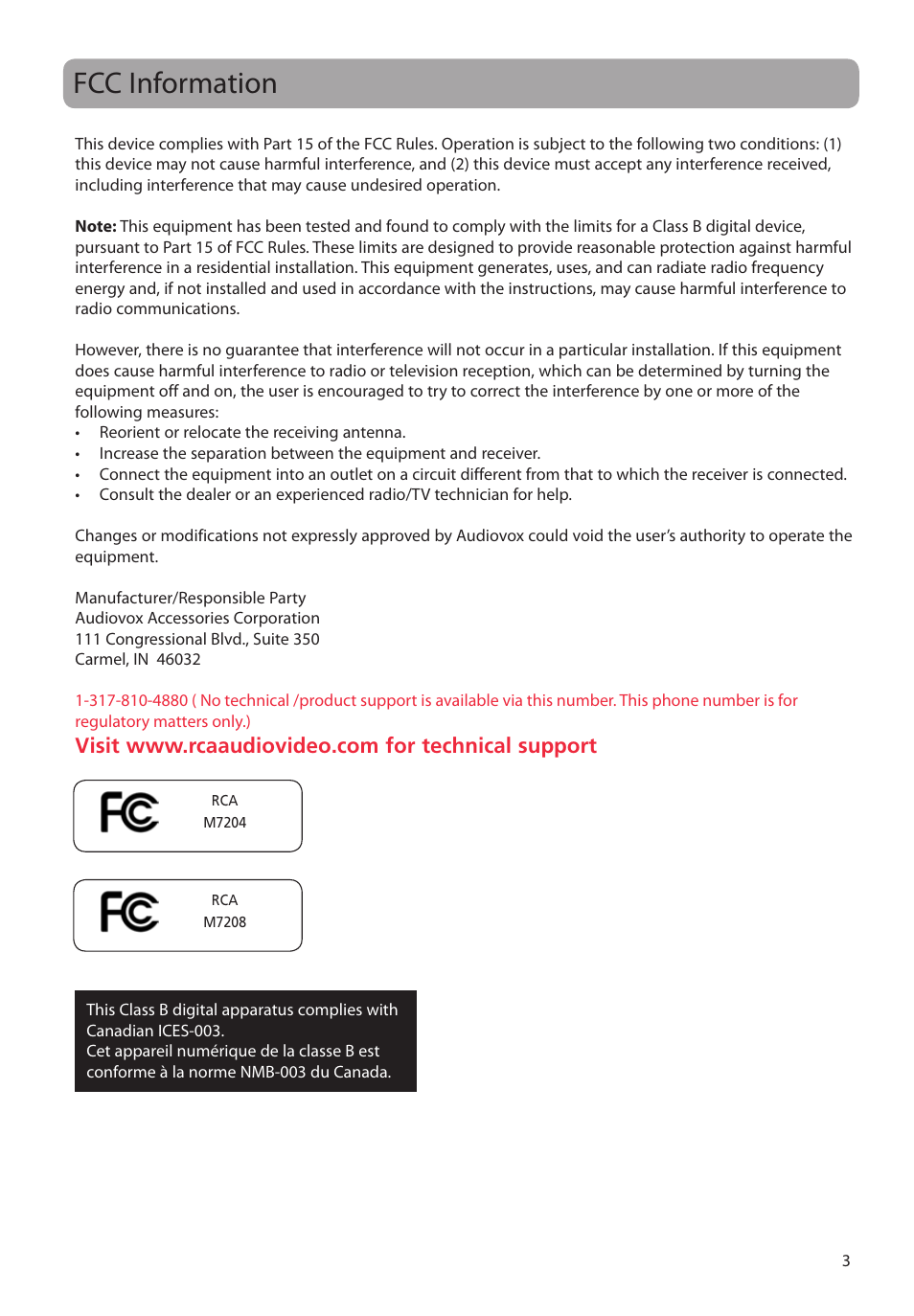 Fcc information | RCA M72 User Manual | Page 4 / 39