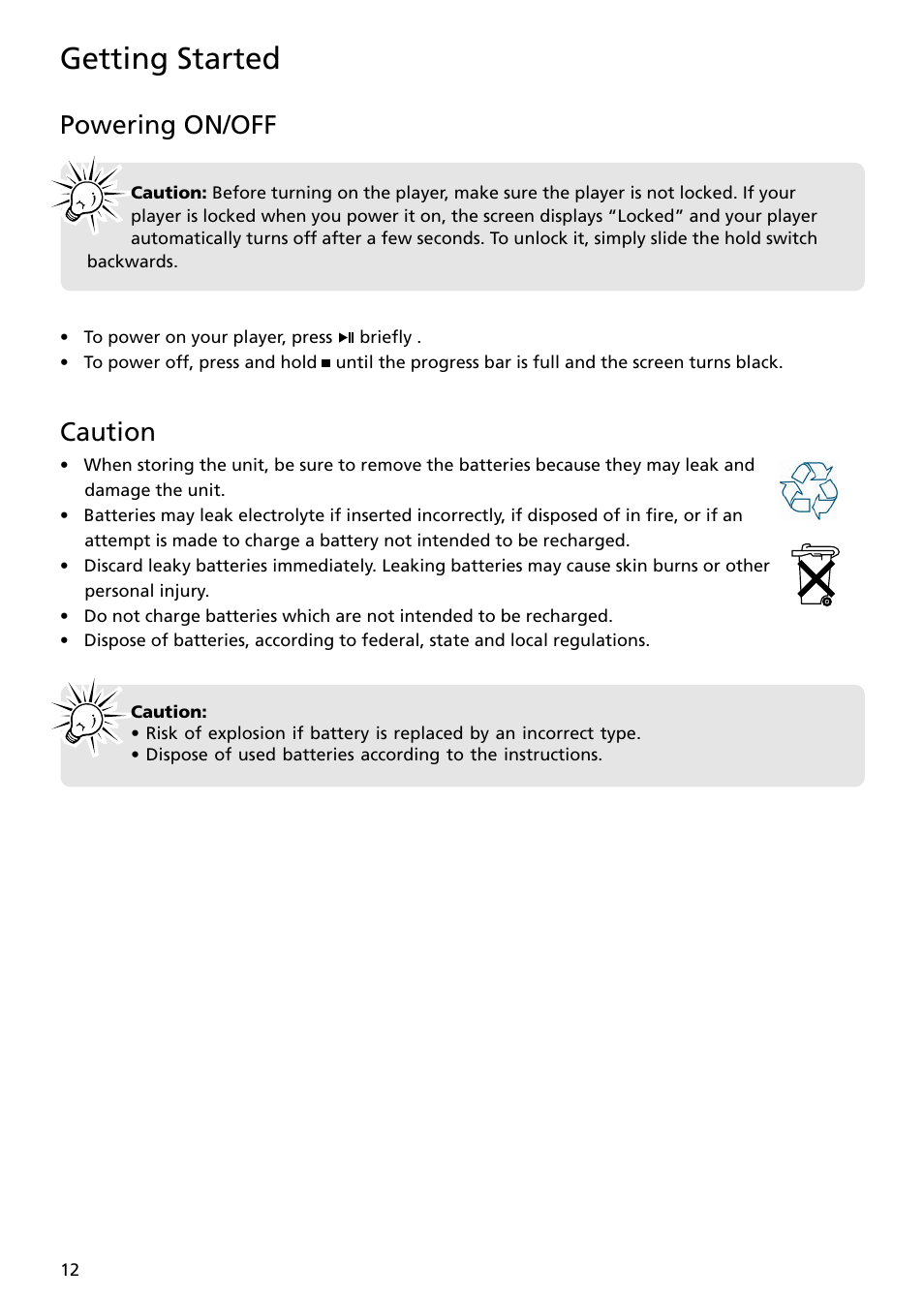 Powering on/off, Caution, Getting started | RCA TC1401 User Manual | Page 12 / 40