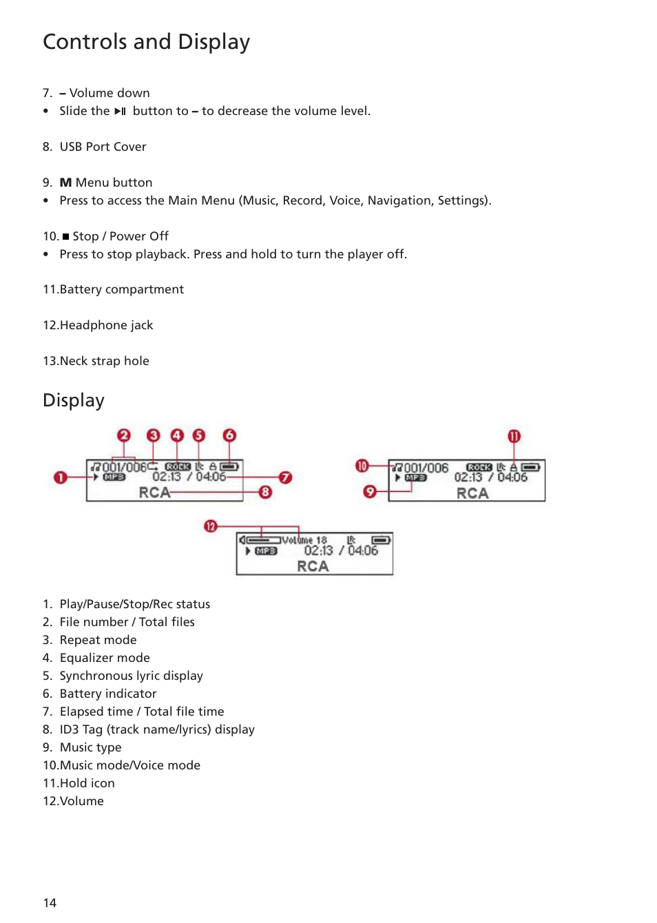 Display, Controls and display | RCA TC1401 User Manual | Page 14 / 40