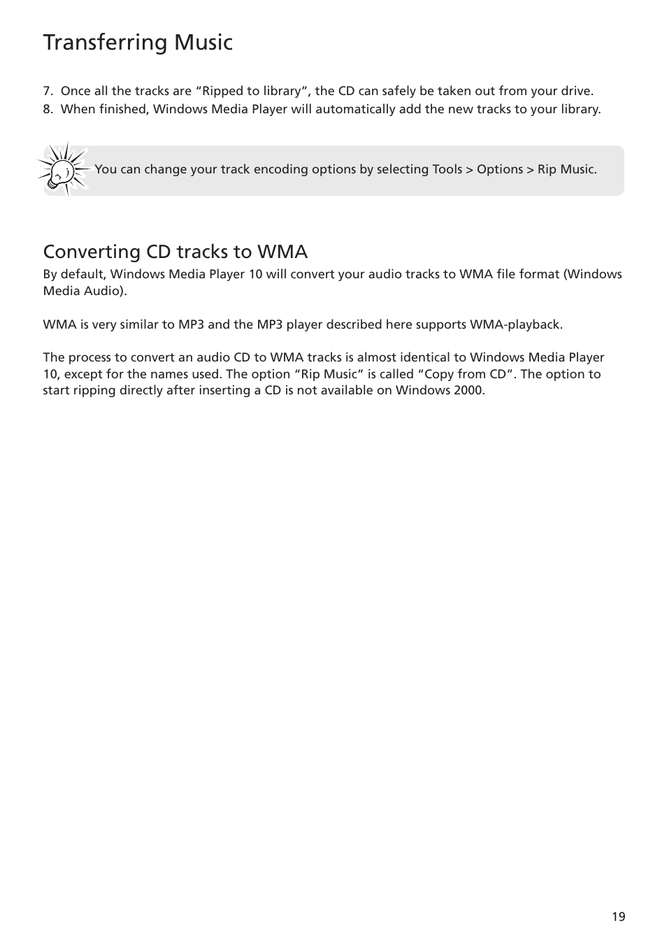 Converting cd tracks to wma, Transferring music | RCA TC1401 User Manual | Page 19 / 40