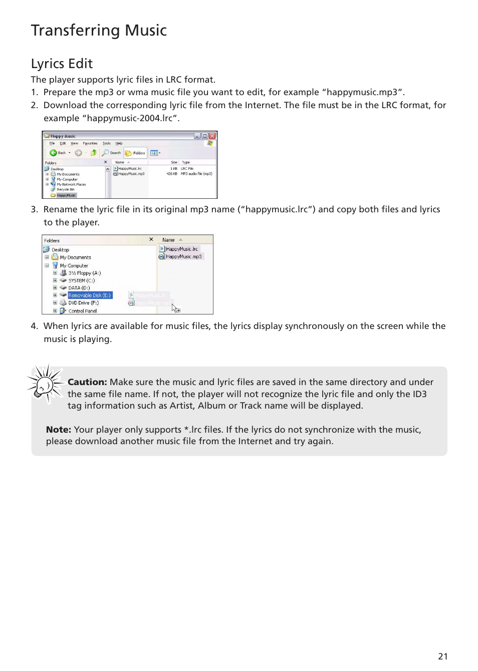 Lyrics edit, Transferring music | RCA TC1401 User Manual | Page 21 / 40