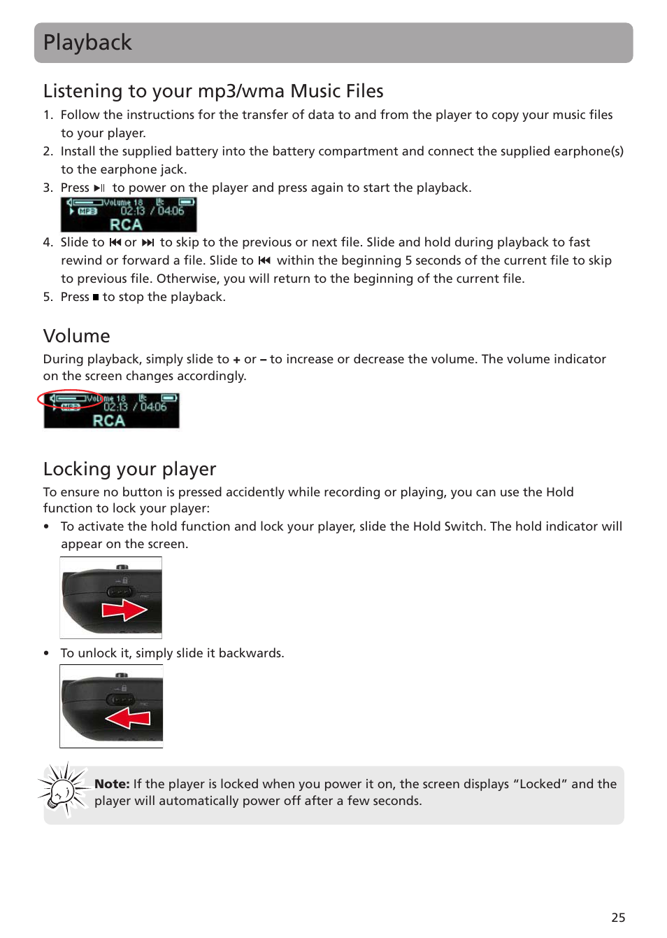 Listening to your mp3/wma music files, Volume, Locking your player | Playback | RCA TC1401 User Manual | Page 25 / 40