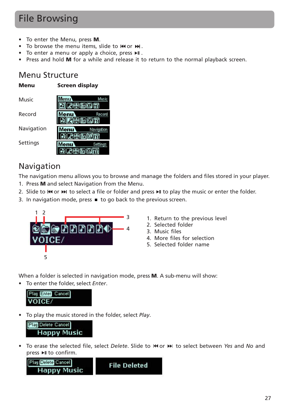 File browsing, Menu structure, Navigation | RCA TC1401 User Manual | Page 27 / 40