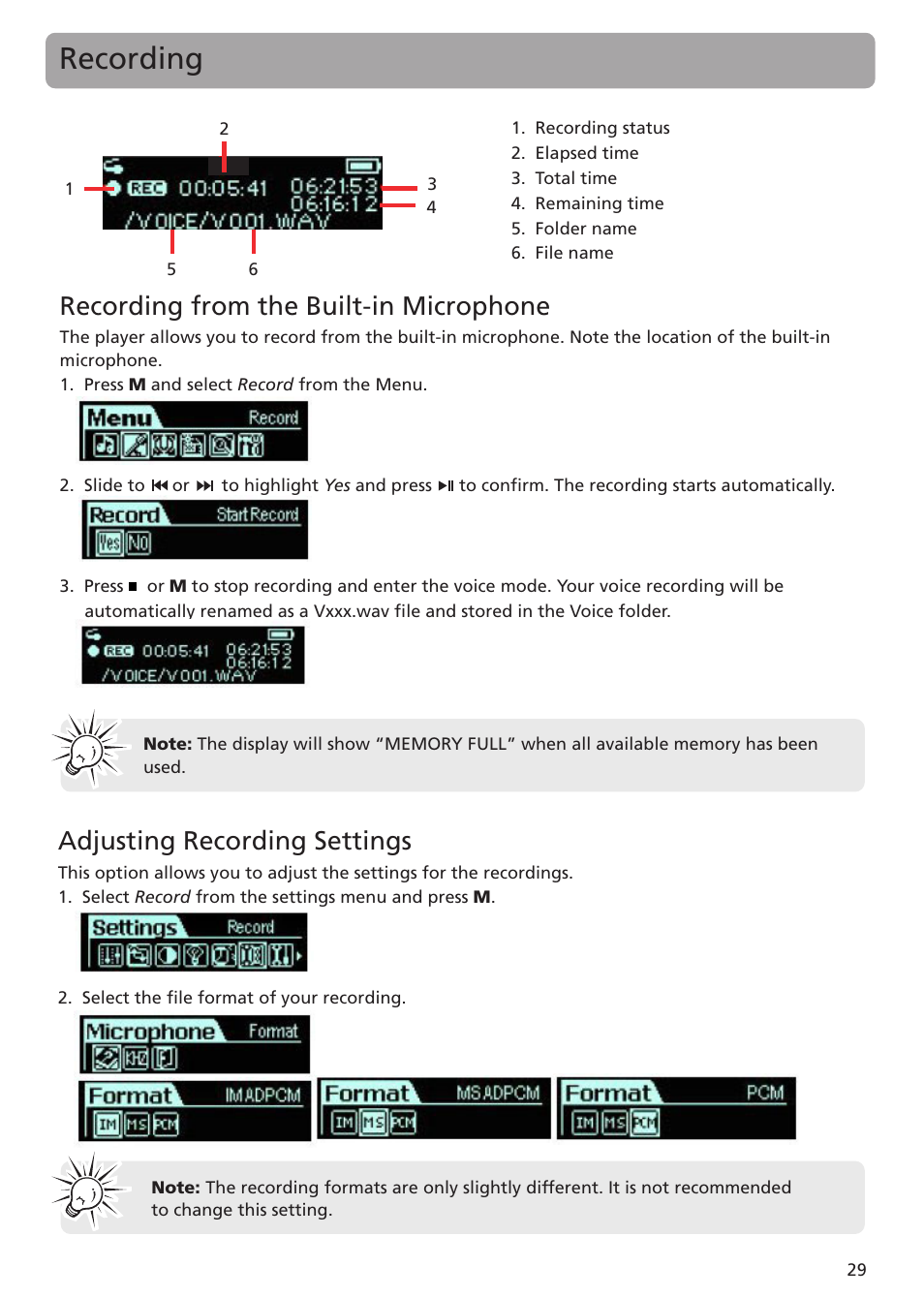 Recording, Recording from the built-in microphone, Adjusting recording settings | RCA TC1401 User Manual | Page 29 / 40