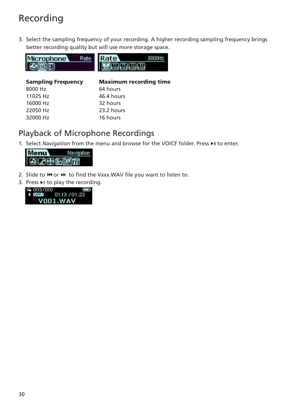 Playback of microphone recordings, Recording | RCA TC1401 User Manual | Page 30 / 40