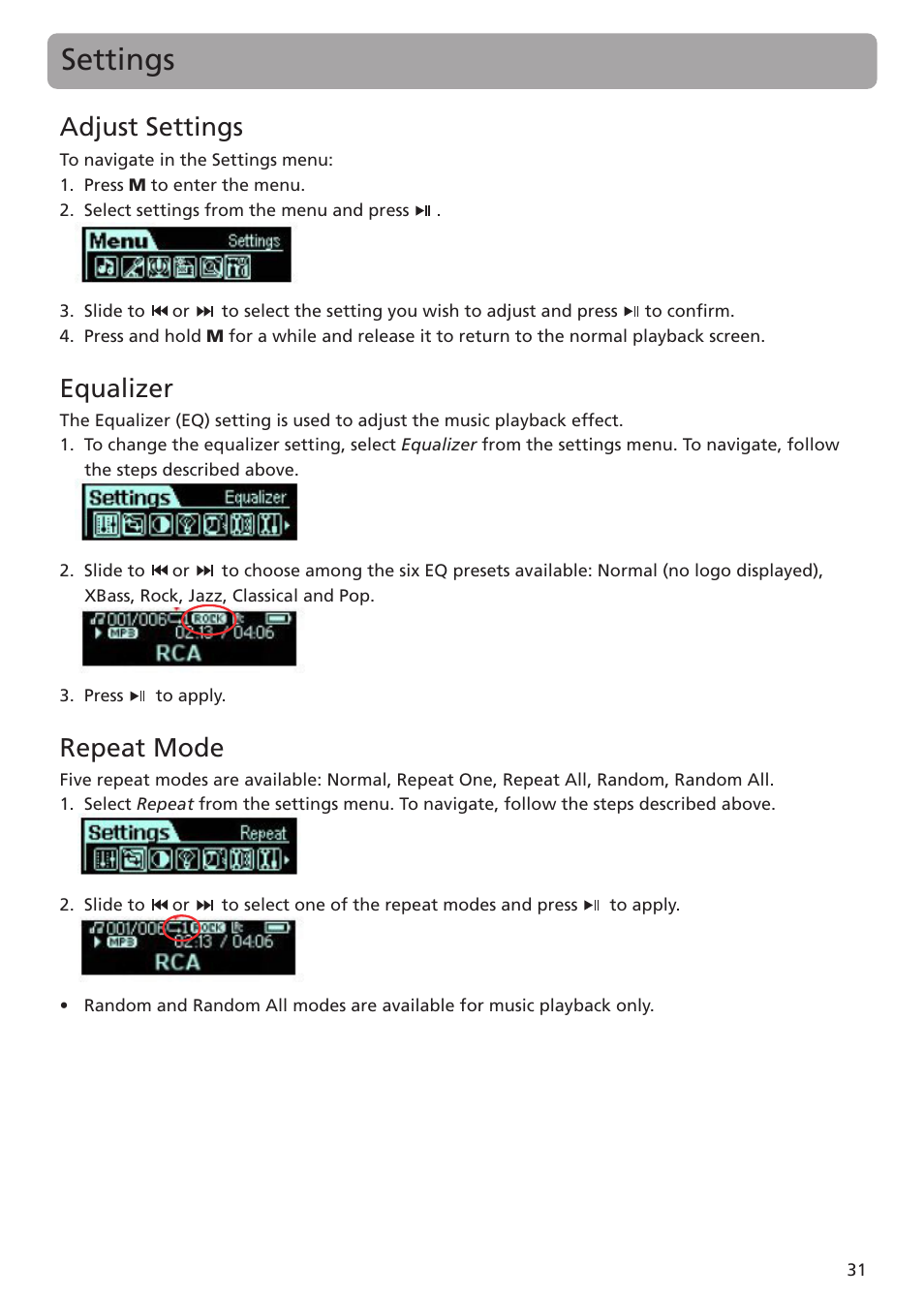 Adjust settings, Equalizer, Repeat mode | Settings | RCA TC1401 User Manual | Page 31 / 40