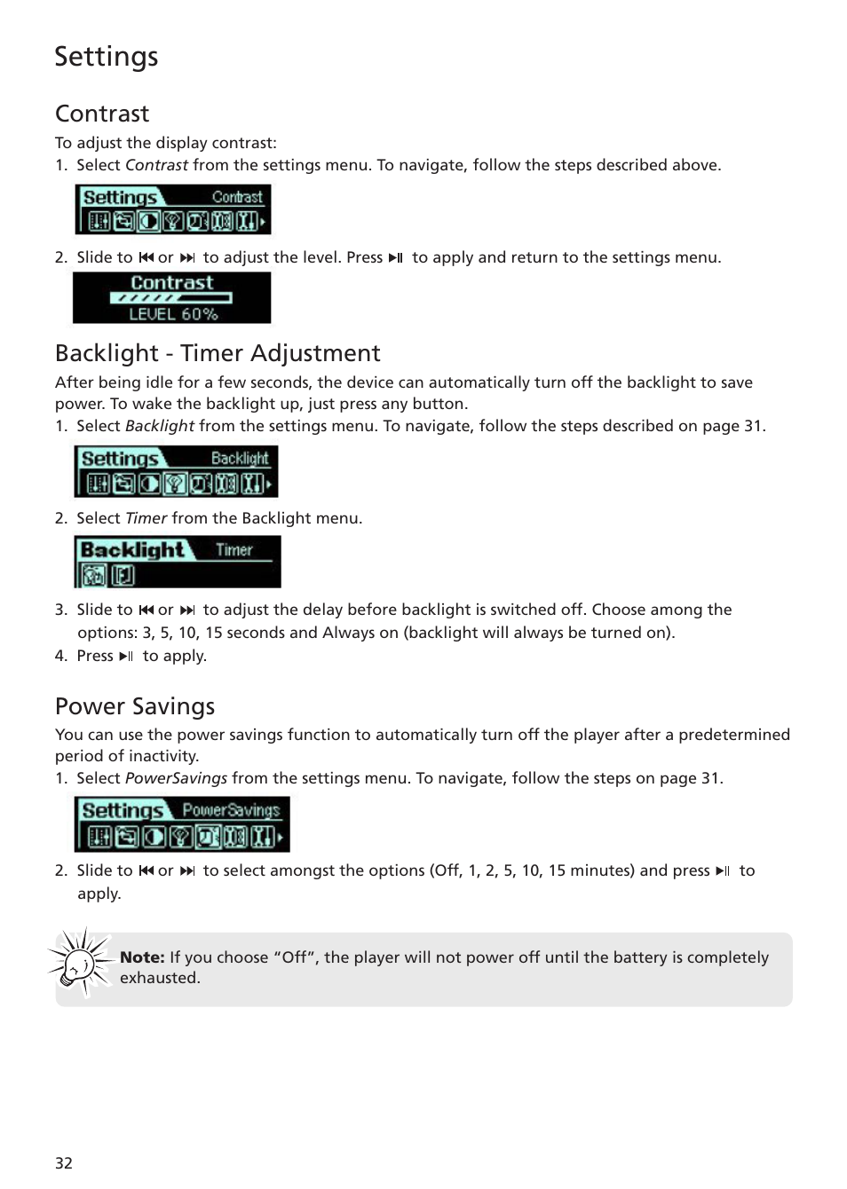 Contrast, Backlight - timer adjustment, Power savings | Settings | RCA TC1401 User Manual | Page 32 / 40