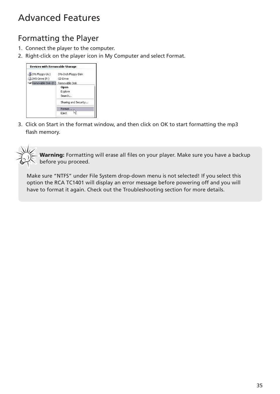 Formatting the player, Advanced features | RCA TC1401 User Manual | Page 35 / 40