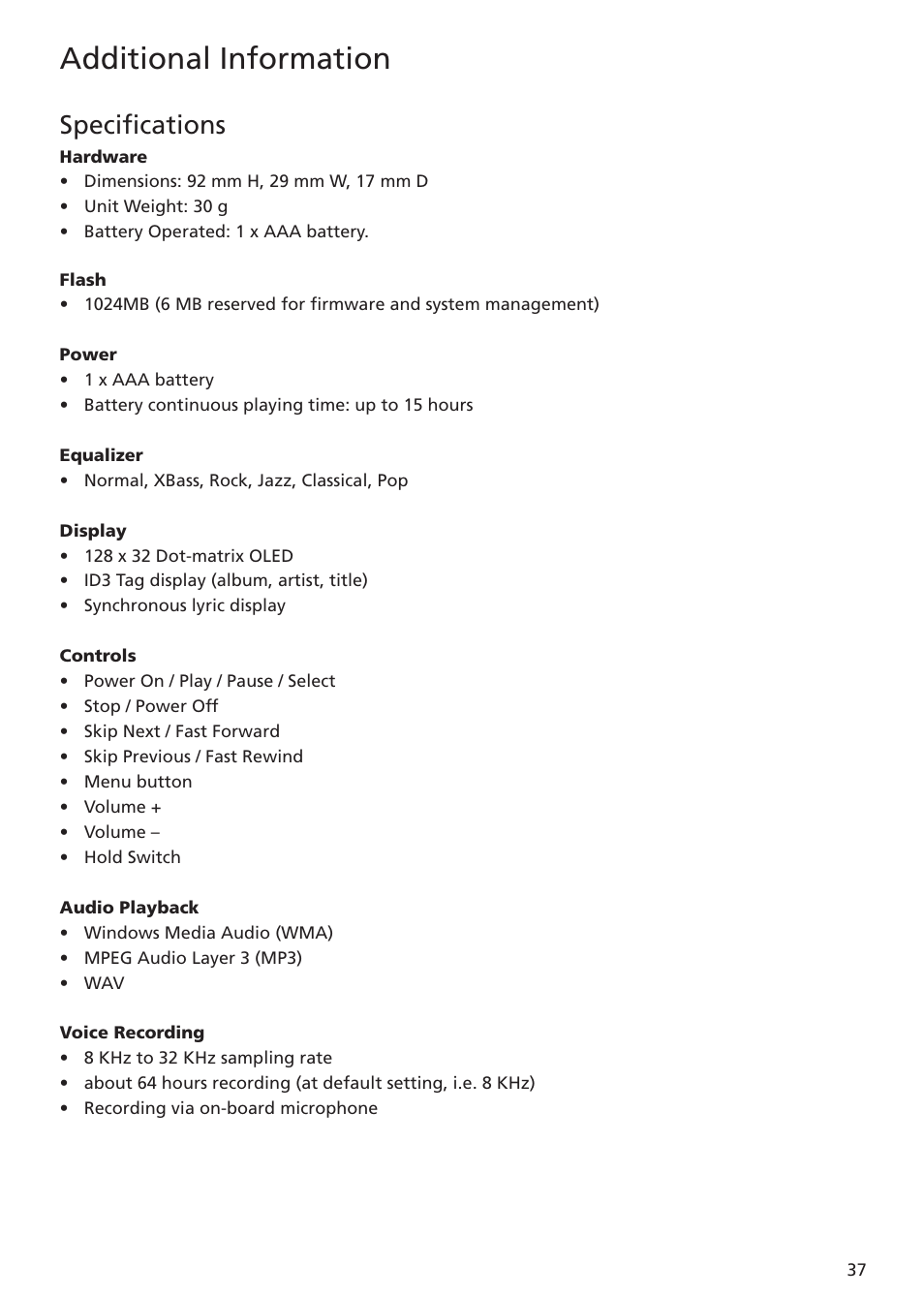 Specifications, Additional information | RCA TC1401 User Manual | Page 37 / 40