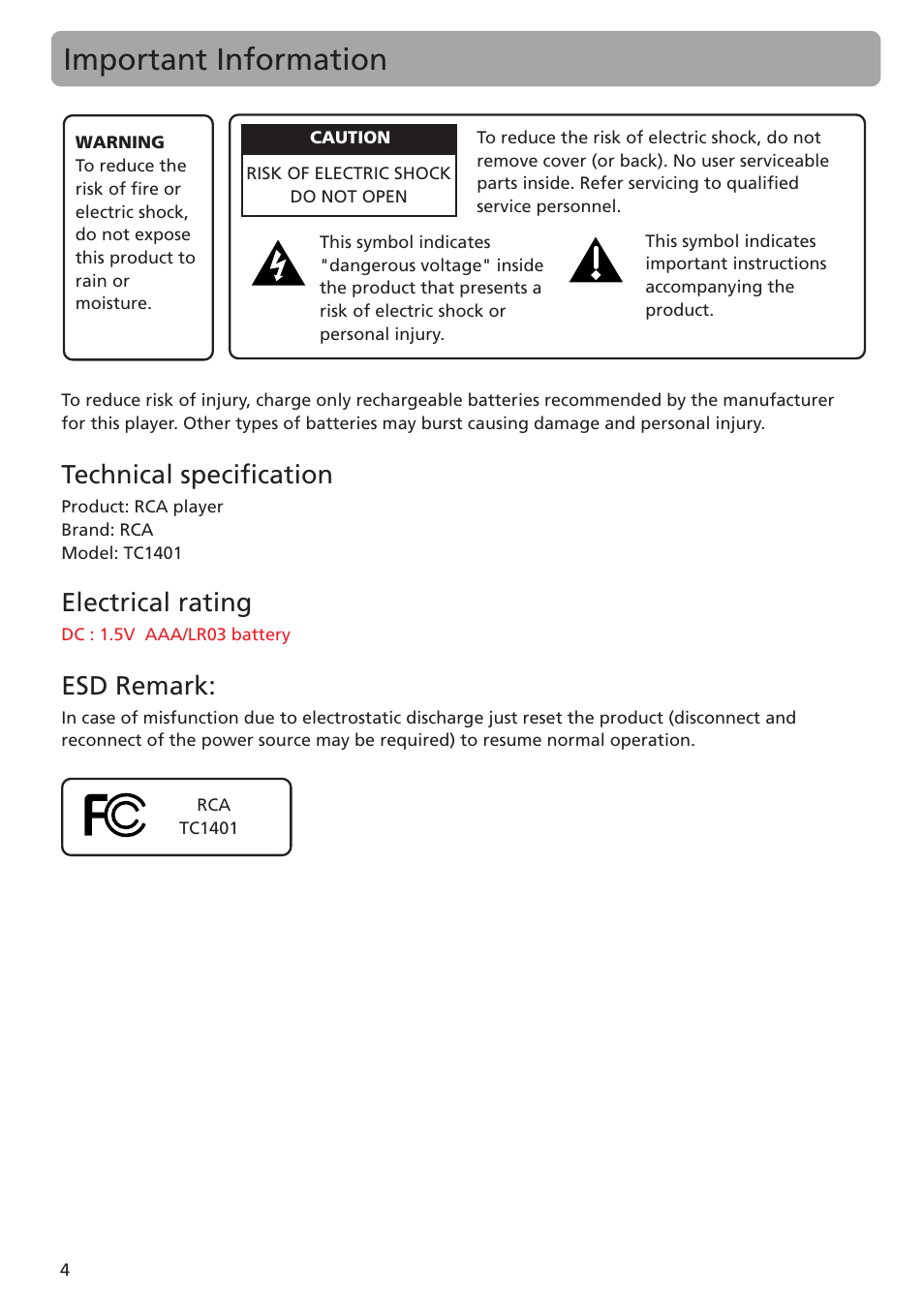 Important information, Technical specification, Electrical rating | Esd remark | RCA TC1401 User Manual | Page 4 / 40