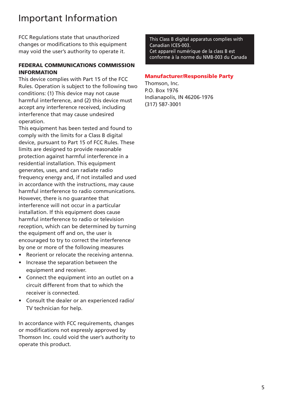 Important information | RCA TC1401 User Manual | Page 5 / 40
