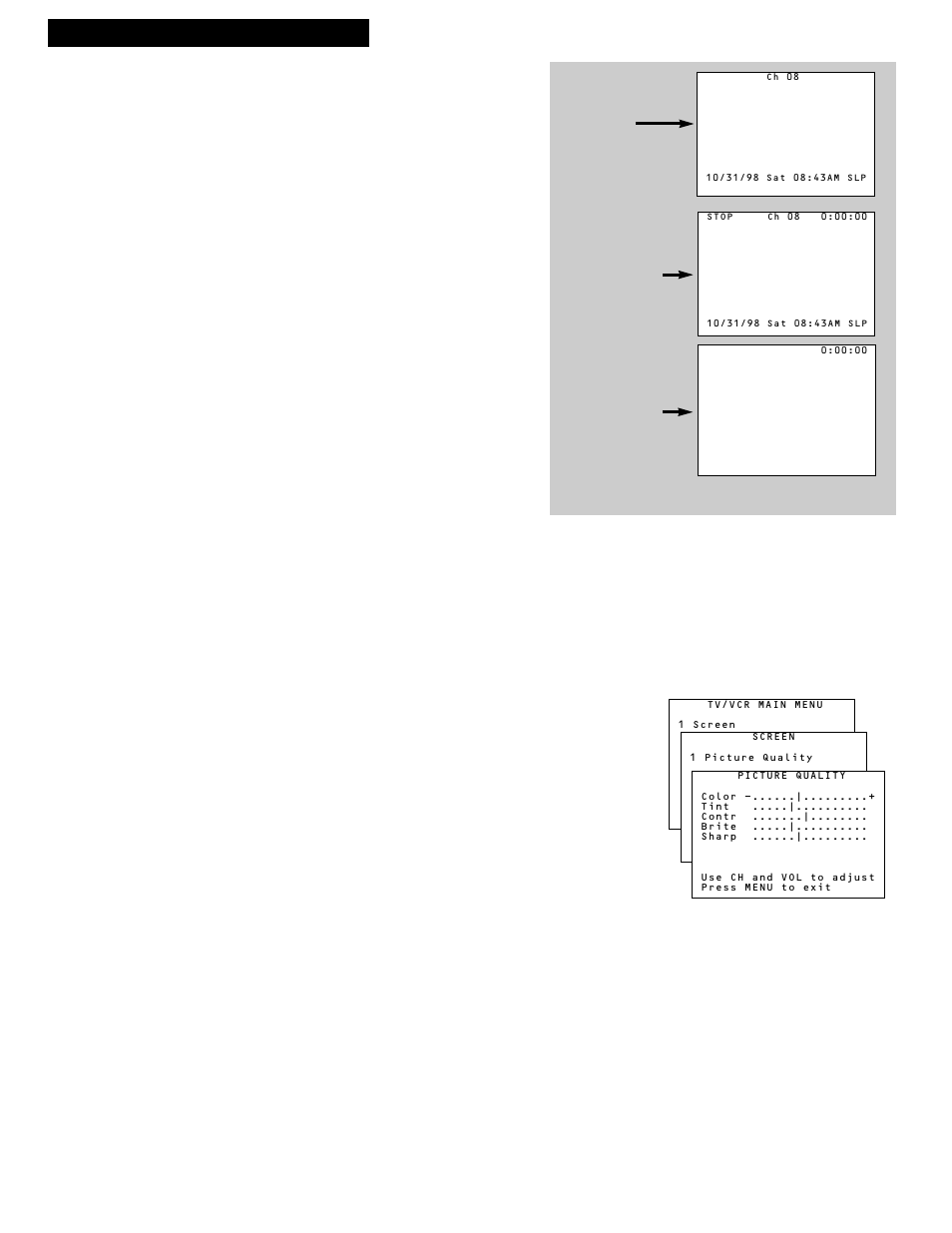 Tv/vcr features, On-screen displays, Adjusting the video | Using the tv/vcr features, 8tv/vcr features, Adjust the video | RCA TV/VCR COMBINATION User Manual | Page 10 / 42