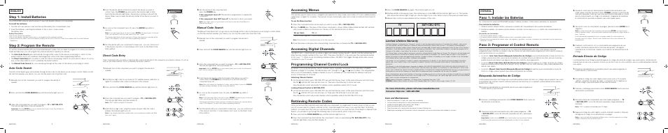 Accessing menus, Accessing digital channels, Programming channel control lock | Step 1: install batteries, Step 2: program the remote, Retrieving remote codes, Paso 1: instalar las baterías, Paso 2: programar el control remoto, Direct code entry, Limited lifetime warranty | RCA RCRH02BR User Manual | Page 2 / 8