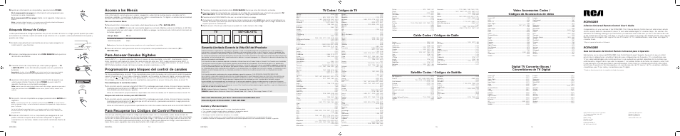 Para recuperar los códigos del control remoto, Acceso a los menús, Para accesar canales digitales | Programación para bloqueo del control de canales, Tv codes / códigos de tv, Rcrh02br, Tv sat•cbl•dtc, Búsqueda manual de código | RCA RCRH02BR User Manual | Page 8 / 8