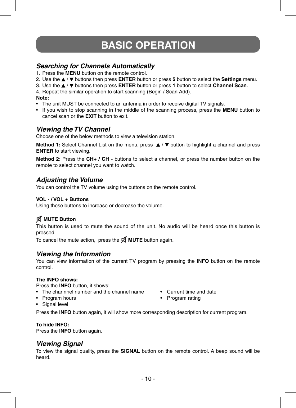 Basic operation, Searching for channels automatically, Viewing the tv channel | Adjusting the volume, Viewing the information, Viewing signal | RCA STB7766C User Manual | Page 11 / 20