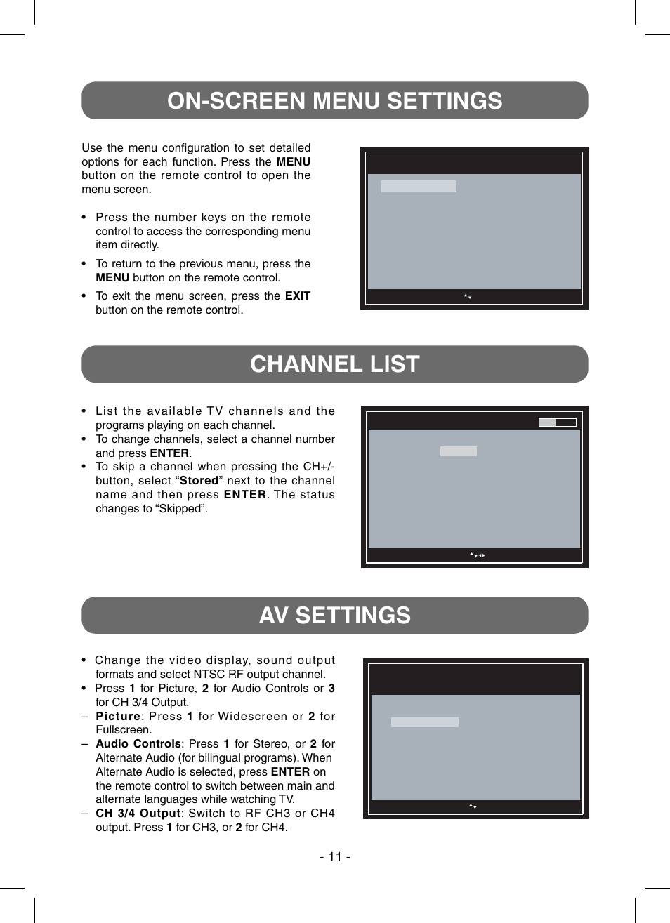 On-screen menu settings, Channel list av settings, Main enu m | RCA STB7766C User Manual | Page 12 / 20