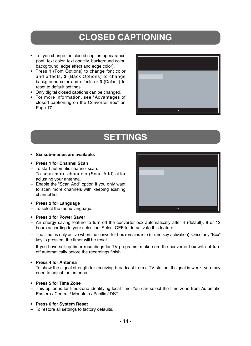 Closed captioning, Settings | RCA STB7766C User Manual | Page 15 / 20