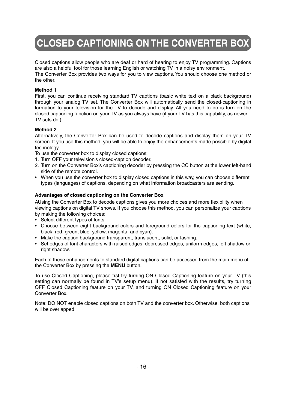 Closed captioning on the converter box | RCA STB7766C User Manual | Page 17 / 20